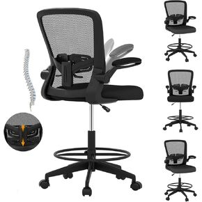 POWERSTONE Drafting Chair - Ergonomic Tall Office Chair for Standing Desk with 3IN Thick Cushion, Flip-up Arm, Adjustable Back Support & Footrest Workbench Rolling Stool Computer Chairs (Black 1 pcs)