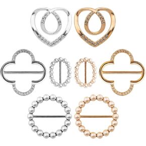 8-Pack Cute Scarf Ring, Premium Shirt Tie Clips for Women Clothing accessories, 4 Elegant Styles T-shirt Waist Cinch Clip Buckles with Rhinestone Accents (Gold/Silver)
