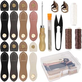 fwunyvn 17 pcs الابازيم المفاجئة الجلدية مع إبرة وخيط ، خياطة على السحابات إغلاق علامة التبويب الجلدية ، وملحقات الخياطة الحرفية DIY لحقيبة حقيبة الكتف حقيبة محفظة محفظة