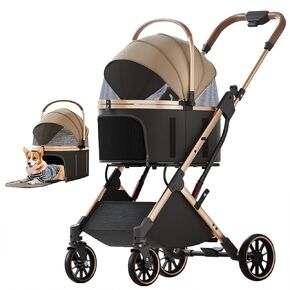 Pet Stroller with 4 Wheels, One-Click Folding Pet Travel Carrier for Small, Medium Dogs and Cats up to 50lbs, Detachable Carrier, Storage Basket, Car Seat 3 in 1 Multifunctional (Brown‌)