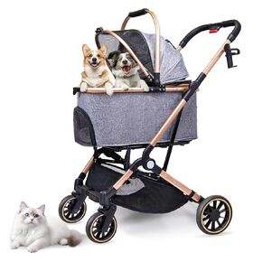 Foldable Medium Dog Stroller - 3 in 1 Pet Stroller with Detachable Storage Basket 4 All-Terrain Rubber Wheels Pull Rod Durable Travel Carrier for Max 33 lbs Medium Dogs 2 Small Cats (Grey)