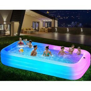 Inflatable Swimming Pool with Light, 145'' X 74'' X 22'' Solar Family Inflatable Pool for Kids, Adults, Family, Large Kiddie Pool, 7 Color Large Blow Up Pool for Backyard