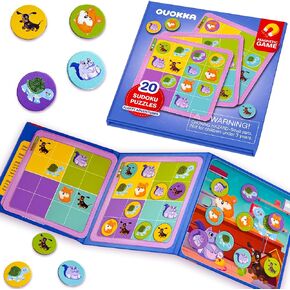 QUOKKA Magnetic Sudoku Puzzle Book for Kids – 20 Puzzles with 3 Levels: Easy, Medium & Hard | Secure Magnetic Tokens | Educational Portable Travel Game for Restaurants, Cars, Airplanes & More