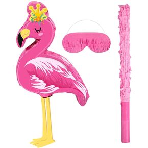 Threan Pink Flamingo Piñata Tropical Party Supplies Small Hawaiian Flamingo Piñata with Blindfold Stick for Pool Luau Hawaii Summer Theme Birthday Party Decorations, 16.1 x 11.8 x 3.1 Inch