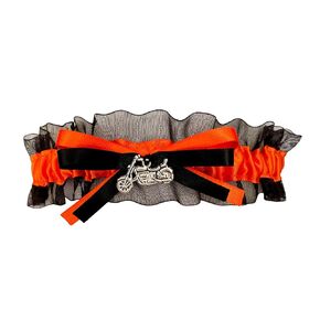Black Organza Orange Satin Bridal Wedding Garter Keepsake - Motorcycle Charm