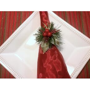Gold Branches and Red Berries Napkin Ring Holder For Christmas Dinner Table Decor - Set of 4