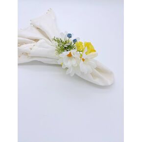 SET OF 6 NAPKIN RINGS | Spring Floral Yellow and White Daisy Napkin Ring | Wedding Floral Napkin Ring | Pastel Wedding Napkin Rings | Easter Table Decor, White Daisy Floral Napkin Ring