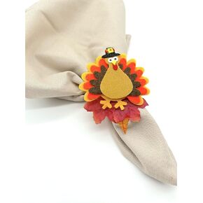 Thanksgiving Party Table Decor Felt Turkey Napkin Ring Fall Leaves on Gold Napkin Ring - Set of 12