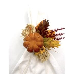Rustic Fall Napkin Rings with Pumpkin, Hay Leaves and Fall Branches and Leaves Set of 6