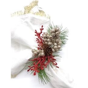 Pine cones and Red Branches Napkin Rings for Holiday Christmas Table decor and table setting - Set of 6