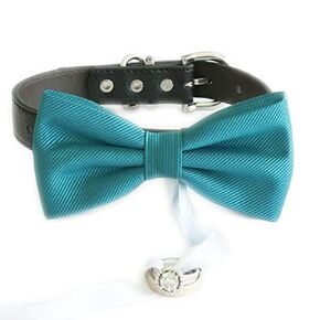Teal bow tie collar Leather collar dog ring bearer adjustable handmade XS to XXL collar bow, Puppy, Proposal, Teal blue wedding