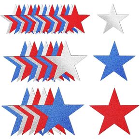JUNEBRUSHS 90 Pcs Patriotic Star Cutouts, 4th of July Double Printed Glitter Paper Star Cutouts, 3 Size Red Blue Silver Confetti Cutouts for Independence Day Bulletin Board Classroom Wall Decors