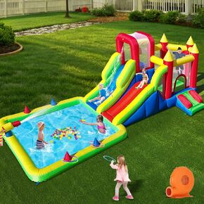 10-in-1 Inflatable Water Park - Giant Bounce House with 2 Water Slides, Big Splash Pool, Water Cannons, Climbing Wall, Tunnels & Obstacle Course for Endless Fun