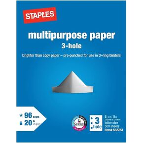 Staples Multipurpose Paper, 8 1/2 x 11, 3-Hole Punched, Ream