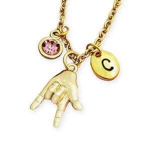 I Love You Sign Gold Language Necklace With Optional Initial and/or Birthstone, ASL I Love You, I Love You Hand Sign Necklace, ASL Gift