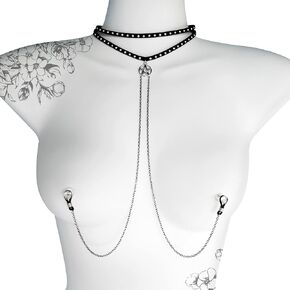Leather Necklace to Nipple Nooses with Pentacle Star - Black Fake Nipple Rings with Chain - Non Pierced needed - Valentine's day Gift