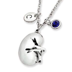 Human Kidney Necklace, Silver Anatomical Kidney, Personalized Initial, Birthstone