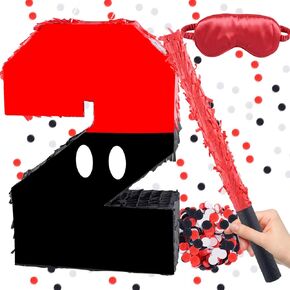 Red & Black Pinata, Number 1 Birthday Pinata with 16 Inch Piñata Stick Blindfold Confetti for 1st Kids Boys Girls Birthday Decorations Party Supplies, 16″ x 11″ x 3″(1st)