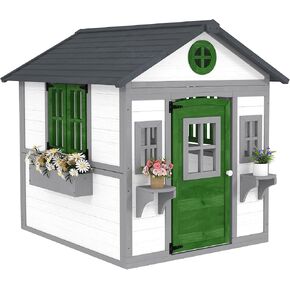 Outsunny Outdoor Kids Playhouse, Wooden Playhouse with Doors, Windows, Planter Pots and Boxes for Toddlers 3-8 Years, Cottage Play House for Backyard, Beige
