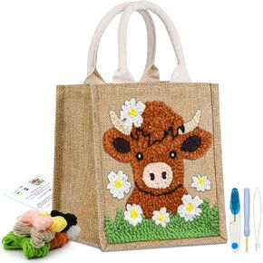 PUNICA Punch Needle Kits for Beginners with Highland Cow Pattern - Burlap Tote Bag for Adults & Kids, DIY Embroidery Starter Kit | Easy Craft Gifts (9x6.5x8.5 Inch)