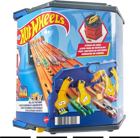 Hot Wheels Track Builder Action, Roll Out Raceway, Track Set with 5 Lane Racetrack and Toy Storage Bucket, Includes 1 Toy Car, Toys for Ages 4 to 10, One Pack, HGK41 in Kuwait