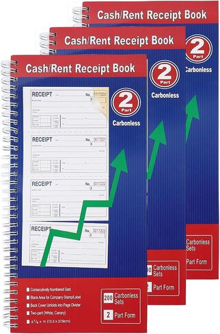 Money & Rent Receipt Book, 200 Sets, 2-Part Carbonless, 5-1/4" x 11", Spiral Bound, White & Canary Copies - Numbered Forms for Cash Transactions, Rent Payments & Business Records (1pack) in Kuwait