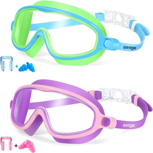 Seago 2 Pack Kids Goggles for Swimming No Leaking Anti-Fog Outer Eye Fit with Wide View UV Protection Crystal Clear Watertight Swim Goggles with nose cover Suitable for Youth Girls Boys Age 3 to 15 in Saudi Arabia