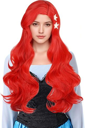 Aicos Wine Red Curly Kid Mermaid Wig, Long Wavy Fashion Princess Cosplay Wig with Starfish Hair Clips (Wine Red) in Saudi Arabia