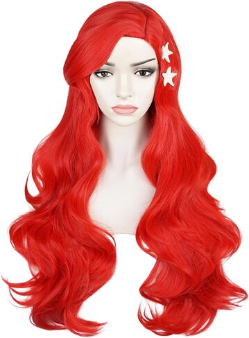 Aicos Wine Red Curly Kid Mermaid Wig, Long Wavy Fashion Princess Cosplay Wig with Starfish Hair Clips (Wine Red) in Saudi Arabia