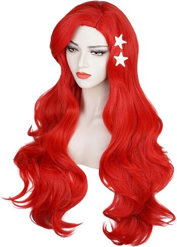 Aicos Wine Red Curly Kid Mermaid Wig, Long Wavy Fashion Princess Cosplay Wig with Starfish Hair Clips (Wine Red) in Saudi Arabia