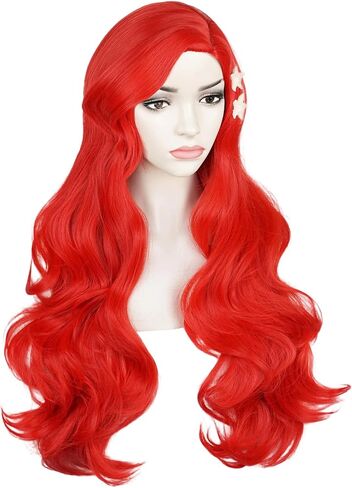 Aicos Wine Red Curly Kid Mermaid Wig, Long Wavy Fashion Princess Cosplay Wig with Starfish Hair Clips (Wine Red) in Saudi Arabia