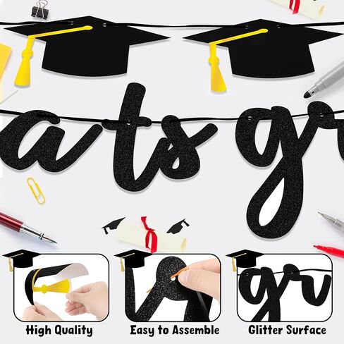 Graduation Decorations Banner, Graduation Decorations 2025, Black Glitter Congrats Grad Banner, Class of 2025 Grad Garland for College High School Grad Party Supplies Decor in Kuwait