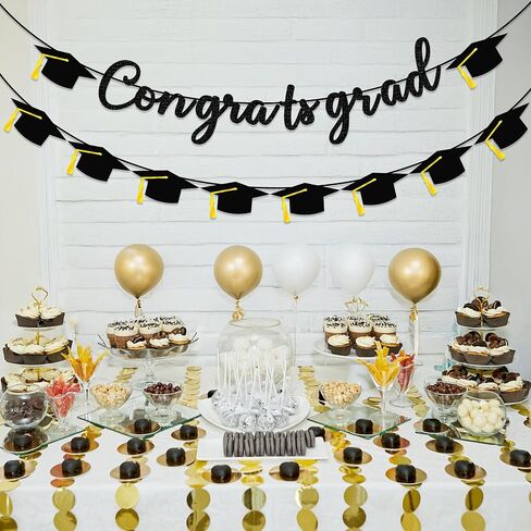 Graduation Decorations Banner, Graduation Decorations 2025, Black Glitter Congrats Grad Banner, Class of 2025 Grad Garland for College High School Grad Party Supplies Decor in Kuwait