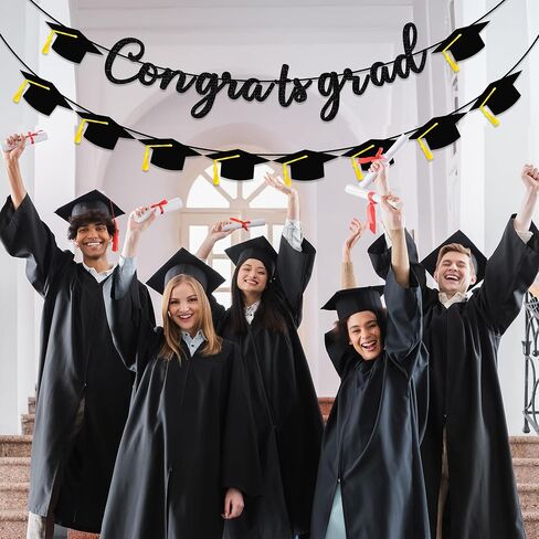 Graduation Decorations Banner, Graduation Decorations 2025, Black Glitter Congrats Grad Banner, Class of 2025 Grad Garland for College High School Grad Party Supplies Decor in Kuwait