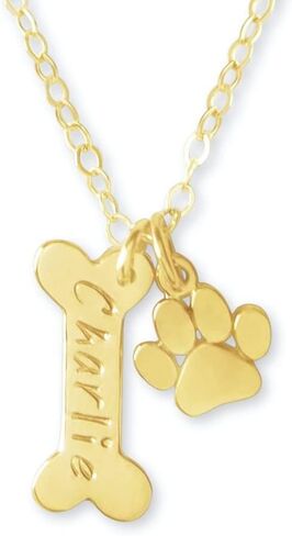 Personalized Dog Bone Necklace, Dog Name Jewelry, Gold or Sterling Silver, Paw Print Charm in Saudi Arabia