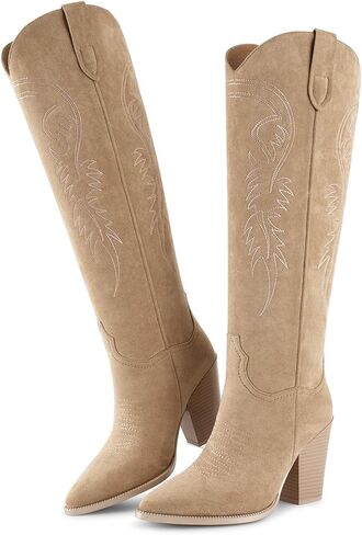 أحذية ISNOM النسائية الغربية حتى الركبة، أحذية رعاة البقر راعية البقر مطرزة بكعب مكتنز ومقدمة مدببة in Kuwait