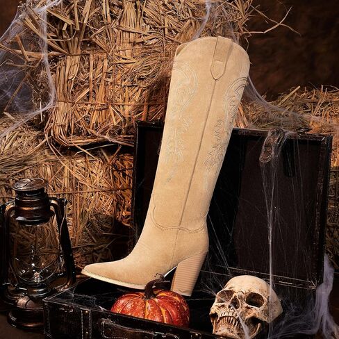 أحذية ISNOM النسائية الغربية حتى الركبة، أحذية رعاة البقر راعية البقر مطرزة بكعب مكتنز ومقدمة مدببة in Kuwait