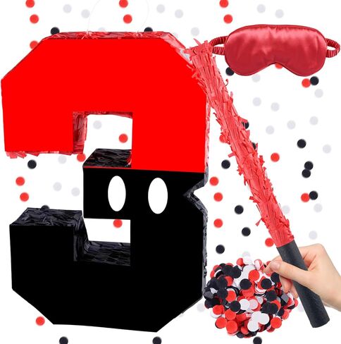Red & Black Pinata, Number 1 Birthday Pinata with 16 Inch Piñata Stick Blindfold Confetti for 1st Kids Boys Girls Birthday Decorations Party Supplies, 16″ x 11″ x 3″(1st) in Kuwait