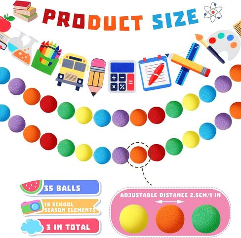 Rtteri 3 Pcs Pencil Felt Garland Pencil Classroom Decor Back to School Decorations Pom Pom Garland Colorful Handmade Hanging Felt Ball for First Day of School Classroom Ambience Celebration Decor in Saudi Arabia