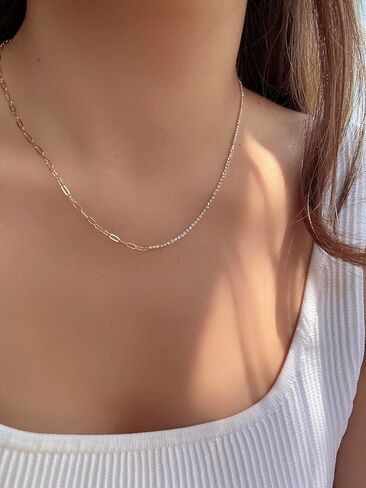 Half CZ Cubic Zirconia Tennis Chain Half Mini Paperclip Chain Necklace 18K Gold Dipped 2mm CZ Tennis Chain Thin Paperclip linked Chain Neckalce (Silver) in Saudi Arabia