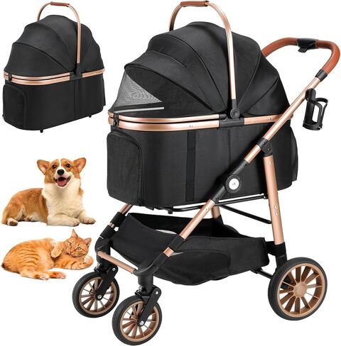 MAMIZO Foldable 4 Wheels Pet Stroller for Small/Medium Dogs Cats up to 55lbs, 3-in-1 Dog Stroller, Detachable Carrier and One-Click Folding Design, Travel Puppy Cart, 4 Wheels are More Stable in Saudi Arabia