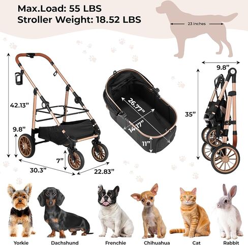 MAMIZO Foldable 4 Wheels Pet Stroller for Small/Medium Dogs Cats up to 55lbs, 3-in-1 Dog Stroller, Detachable Carrier and One-Click Folding Design, Travel Puppy Cart, 4 Wheels are More Stable in Saudi Arabia