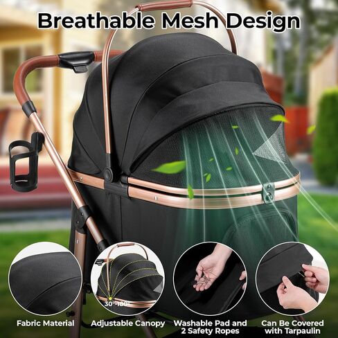 MAMIZO Foldable 4 Wheels Pet Stroller for Small/Medium Dogs Cats up to 55lbs, 3-in-1 Dog Stroller, Detachable Carrier and One-Click Folding Design, Travel Puppy Cart, 4 Wheels are More Stable in Saudi Arabia