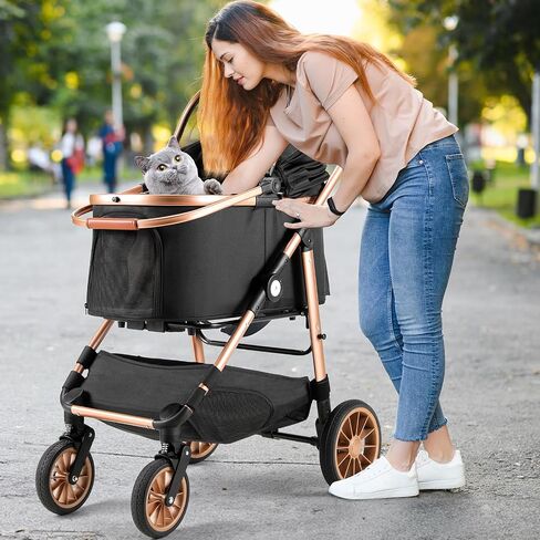 MAMIZO Foldable 4 Wheels Pet Stroller for Small/Medium Dogs Cats up to 55lbs, 3-in-1 Dog Stroller, Detachable Carrier and One-Click Folding Design, Travel Puppy Cart, 4 Wheels are More Stable in Saudi Arabia