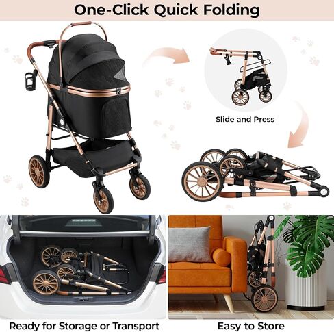 MAMIZO Foldable 4 Wheels Pet Stroller for Small/Medium Dogs Cats up to 55lbs, 3-in-1 Dog Stroller, Detachable Carrier and One-Click Folding Design, Travel Puppy Cart, 4 Wheels are More Stable in Saudi Arabia