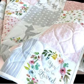 Baby Quilt Blanket - Deer Quilt Wholecloth – Gray Peach Fawn Baby Girl Patchwork - Baby Quilt with Pastel peach tones