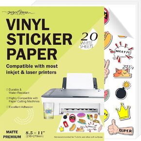 Printable Vinyl Sticker Paper for Inkjet & Laser Printers, 20 Sheets 8.5x11 Inch White Matte Sticker Paper Waterproof for Custom Stickers, Labels, Decals, Crafts