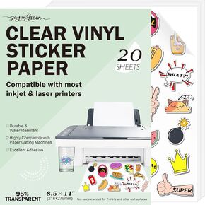Clear Printable Vinyl Sticker Paper for Inkjet & Laser Printer, 20 Sheets 8.5x11 Inch 95% Glossy Transparent Vinyl Sticker Paper Waterproof for Custom Stickers, Labels, Decals