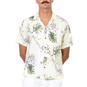 Men's Regular Fit Short Sleeve Casual Hawaiian Shirt (L, Cream)