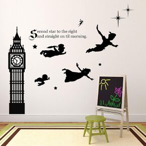 Kids Room Decor | Peter Pan Scene Silhouettes | Themed Vinyl Stickers for Kids Playroom, Boy or Girl Bedroom | Second Star to Right and Big Ben Clock | Various Color Options